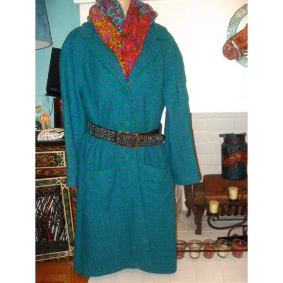 VINTAGE 50'S 60'S TURQUOISE TWEED CHECKERED PATTERN COAT - Picture 5 of 5
